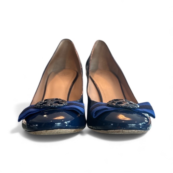 Tory Burch Blue Bow Maritime Patent Leather Pump Heels 10M - Picture 4 of 11